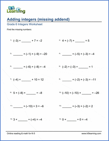 Grade 6 Integers Worksheets: Adding 3 integers - missing addends ...