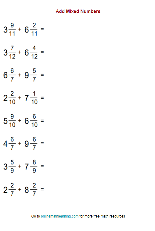 Add Mixed Numbers with Like Denominators Worksheet (examples ...