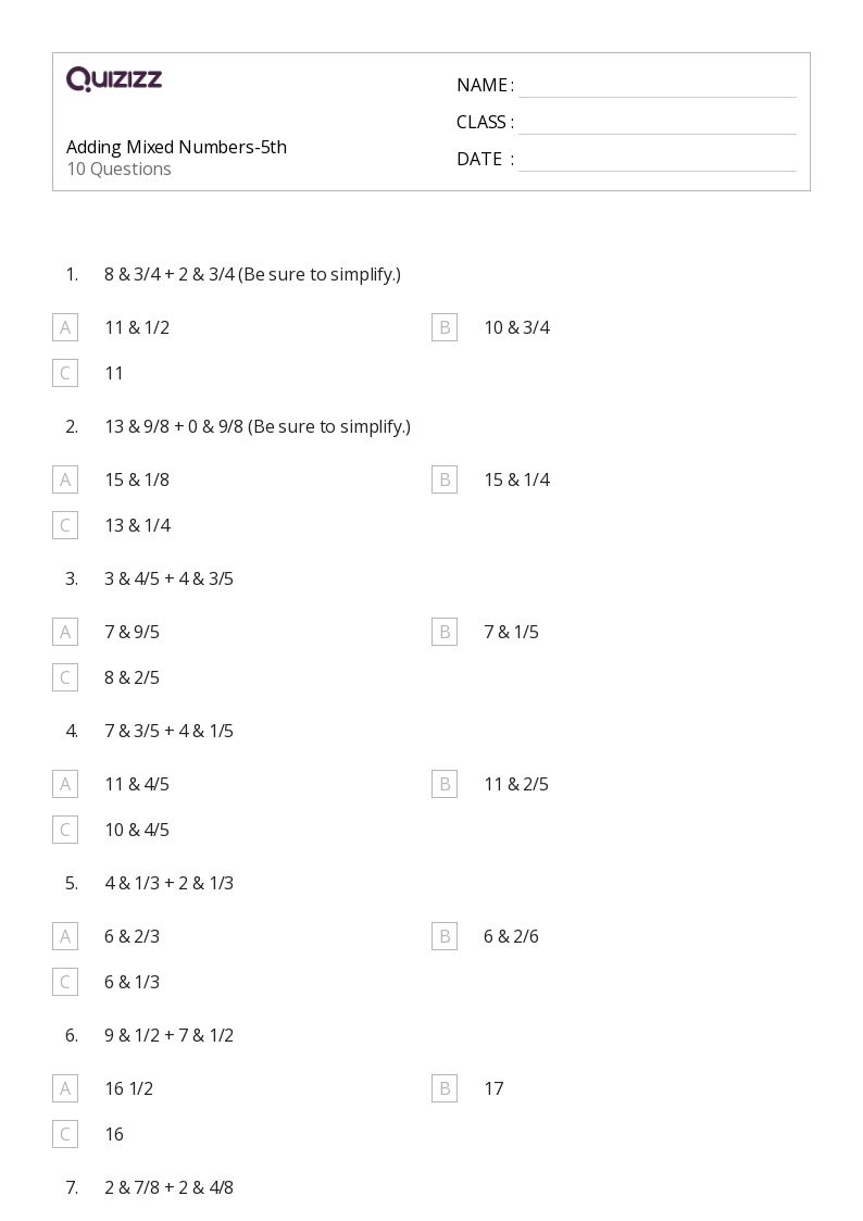 50+ Adding Mixed Numbers worksheets for 7th Grade on Quizizz ...