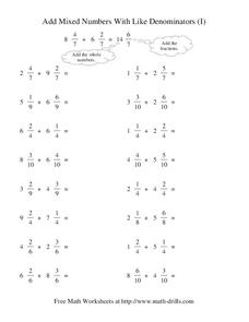 Add Mixed Numbers With Like Denominators (I) Worksheet for 4th ...