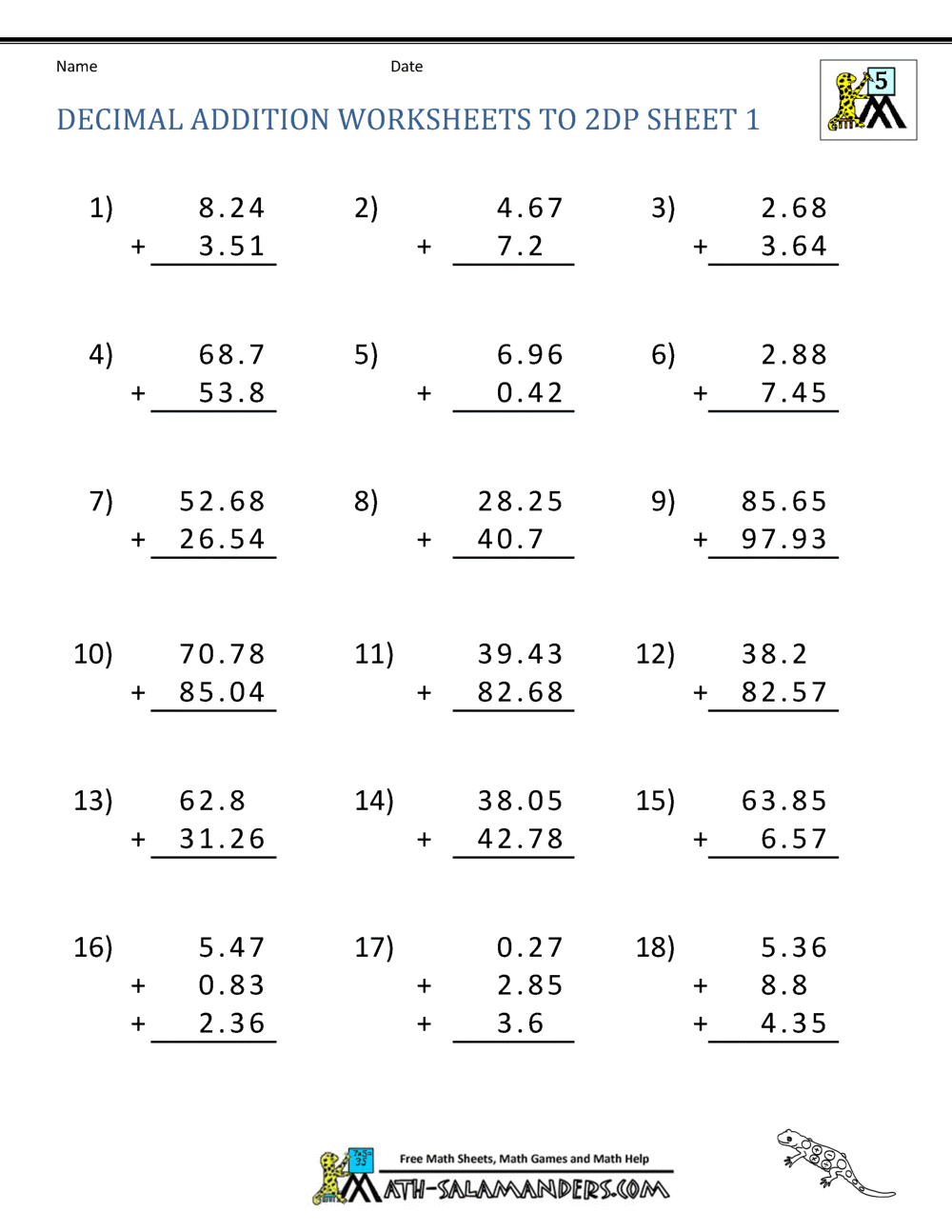 add subtract decimals worksheet