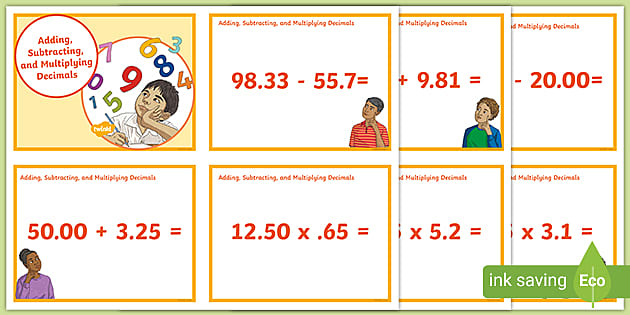 Adding, Subtracting, and Multiplying Decimals Task Cards - Worksheets ...
