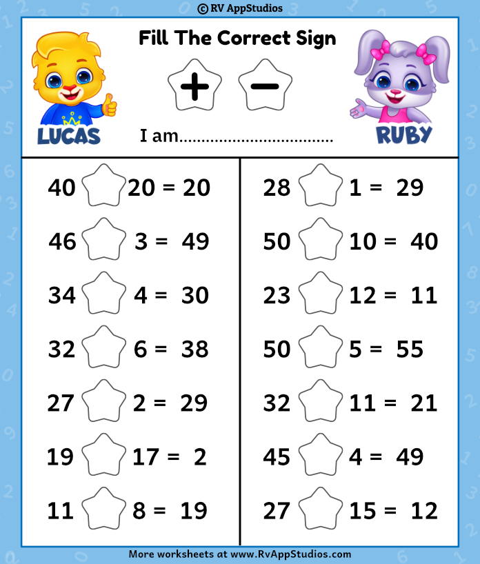 Addition Sign and Subtraction Sign Worksheet. Free Printables.