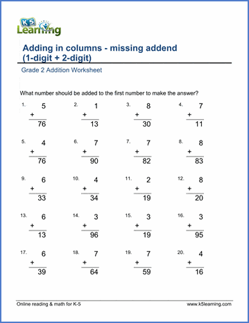 Adding 1-digit and 2-digit numbers in columns - missing addend ...