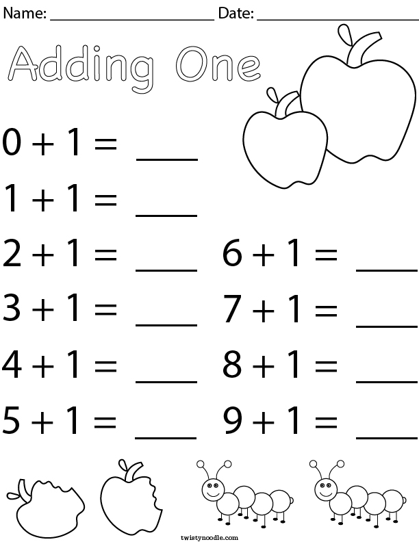 Adding One Math Worksheet - Twisty Noodle