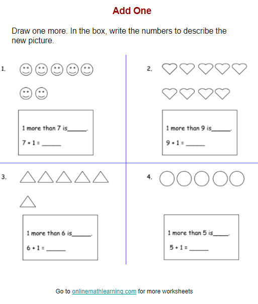 Add One Worksheets (First Grade, printable)