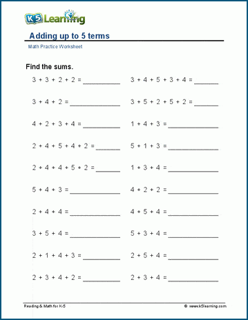 Adding up to 5 terms worksheets | Worsheets library