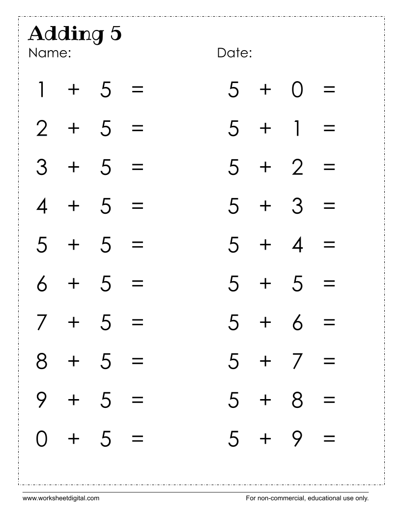 Adding with 5 - Worksheet Digital