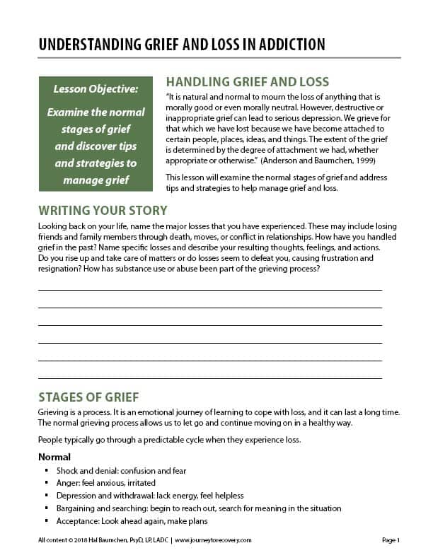 Understanding Grief and Loss in Addiction (COD Worksheet ...