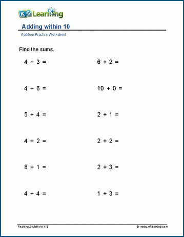 Adding within 10 (horizontal) worksheets | Worsheets library