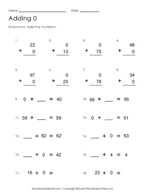 Adding 0 Worksheet - Tims Printables
