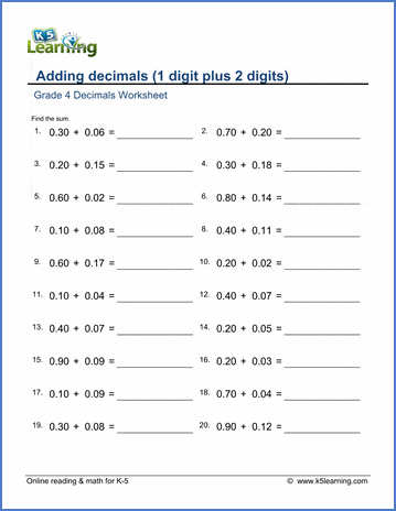 Grade 4 Decimals Worksheets: Adding 1 and 2-digit decimal numbers ...
