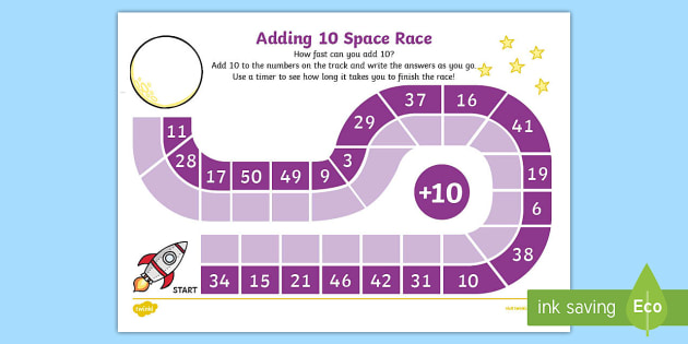 Adding 10 Race Worksheet Game (teacher made) - Twinkl