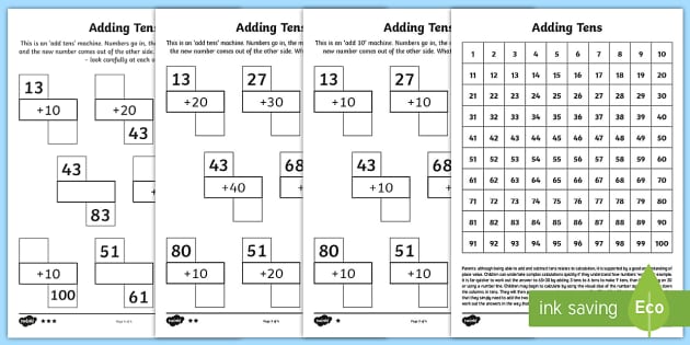 Adding Tens Homework Worksheet / Worksheets (teacher made)