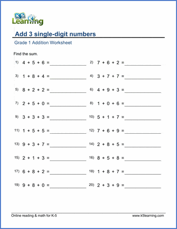 Grade 1 math worksheet - add 3 single-digit numbers | Worsheets library