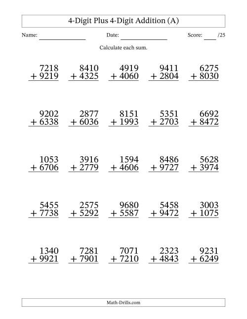 4-Digit Plus 4-Digit Addition With Some Regrouping (25 Questions) (A)
