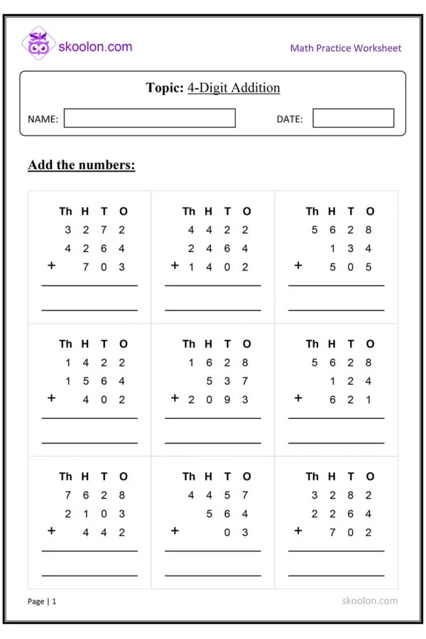 4 Digit Addition - skoolon.com - Worksheets Library