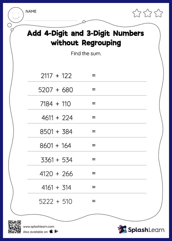 Add 4-Digit and 3-Digit Numbers without Regrouping: Horizontal ...