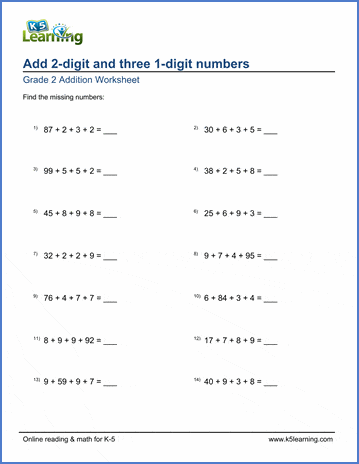 Grade 2mental Math Worksheet: add 2-digit and three 1-digit ...