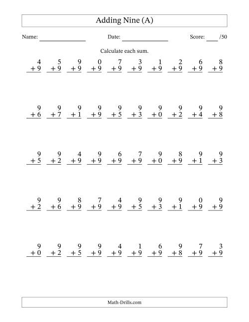 Adding Nine With The Other Addend From 0 to 9 - 50 Questions (A)
