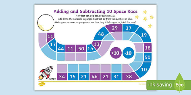 Adding and Subtracting 10 Race Worksheet Game (teacher made)