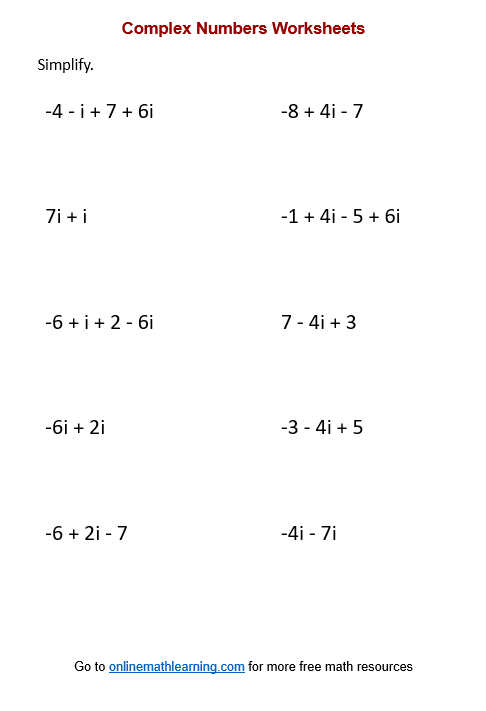 adding and subtracting complex numbers worksheet answers
