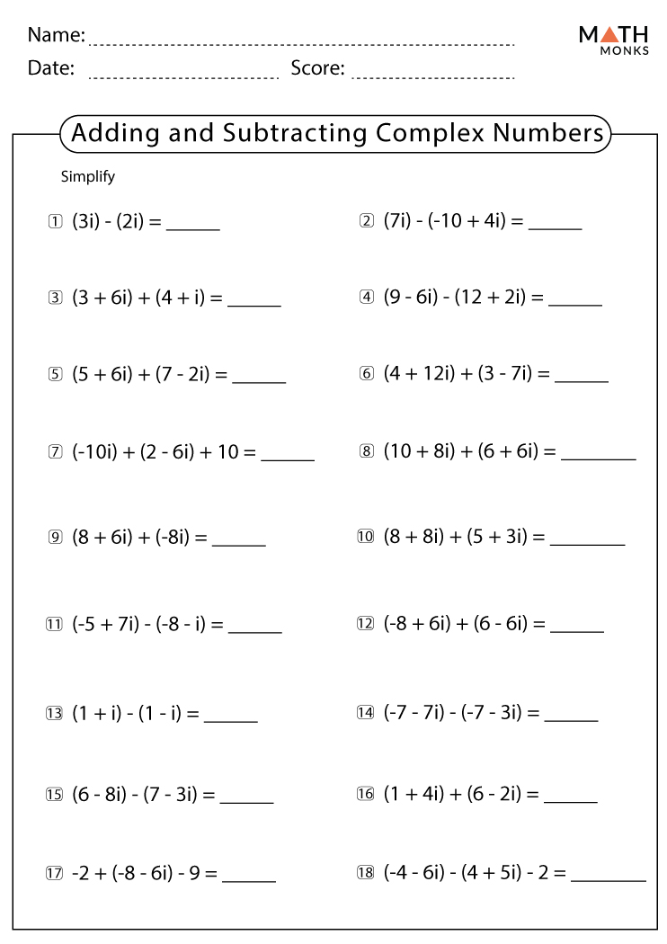 adding and subtracting complex numbers worksheet answers