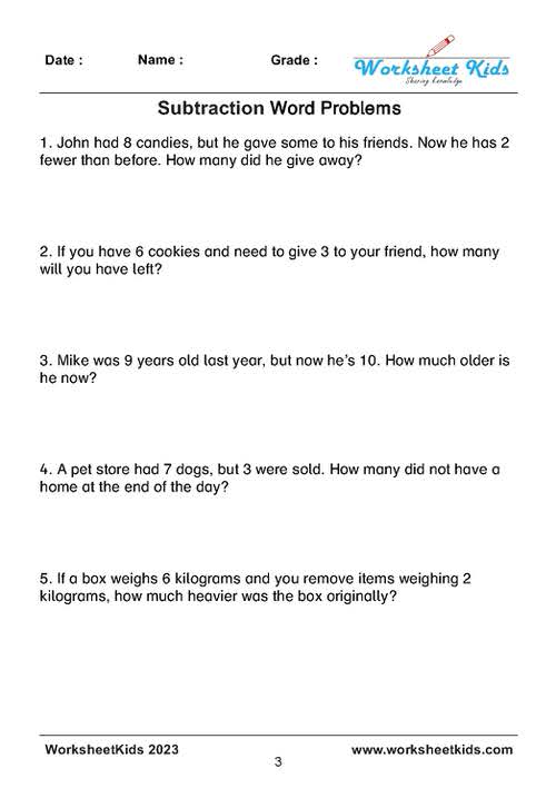 Subtraction Word Problems Worksheets: Kindergarten to Grade 6