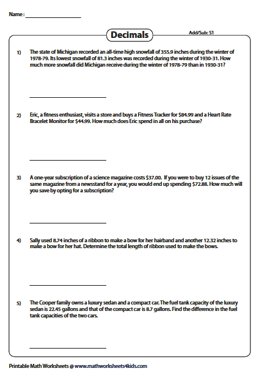 adding and subtracting decimals word problems worksheet