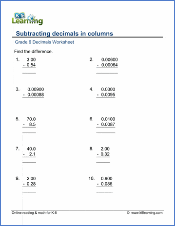Grade 6 Math Worksheets: Subtraction of decimals in columns | Worsheets library...