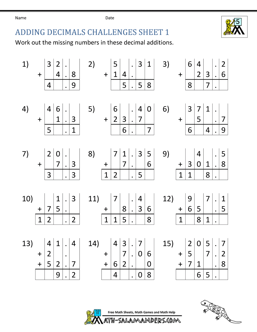 adding and subtracting decimals worksheet 7th grade