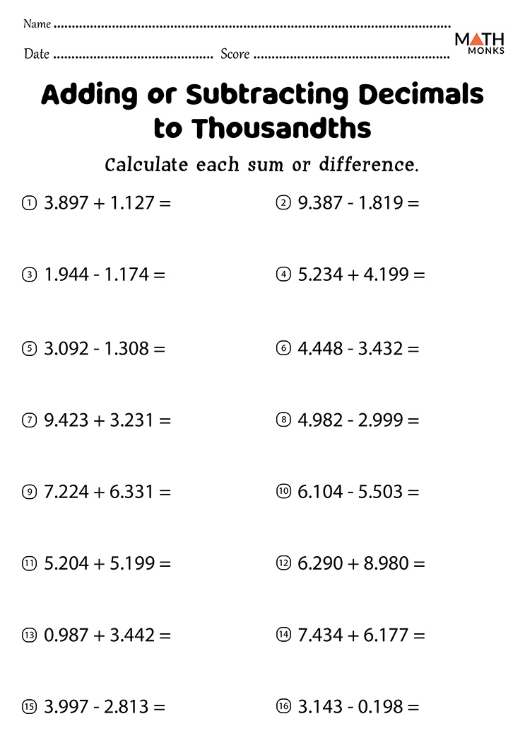 Adding and Subtracting Decimals Worksheets - Math Monks