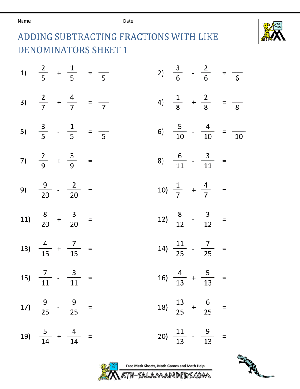 adding and subtracting different denominators worksheet
