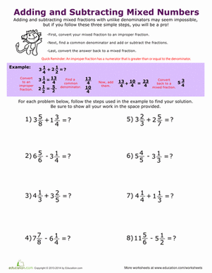 adding and subtracting different denominators worksheet