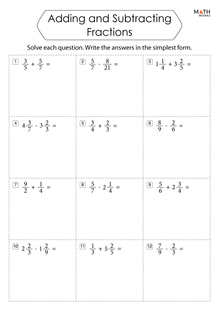 adding and subtracting different denominators worksheet