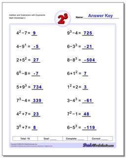 Exponents Worksheets: Mixed Addition And Subtraction with Exponents