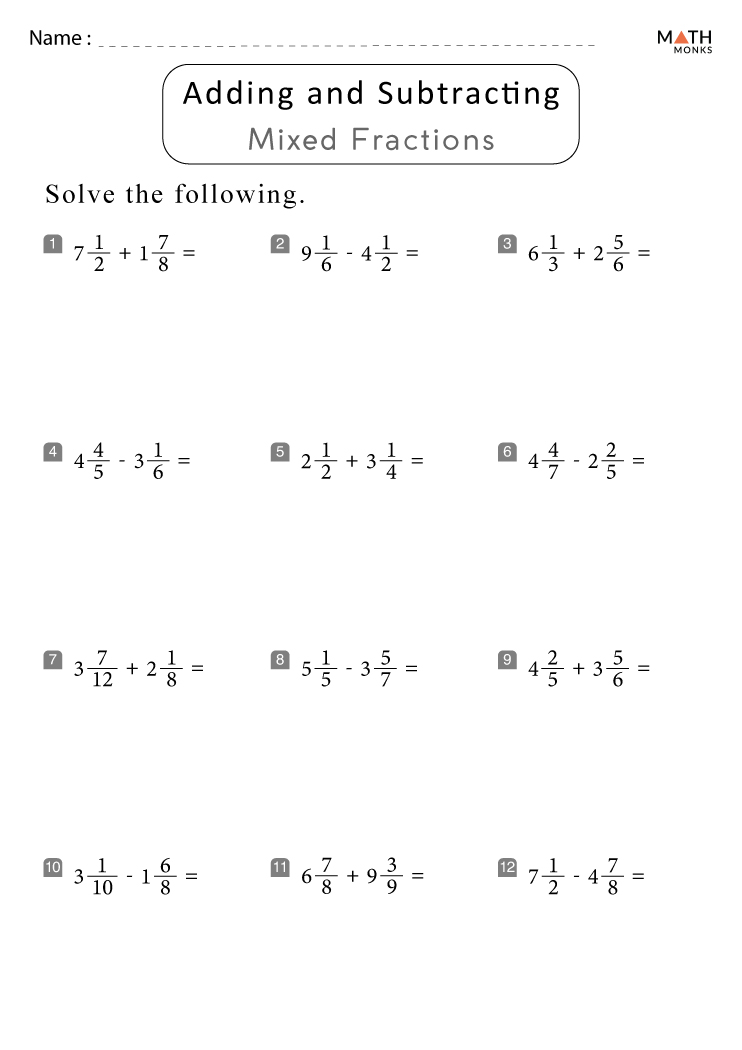 adding and subtracting fractions printable worksheet