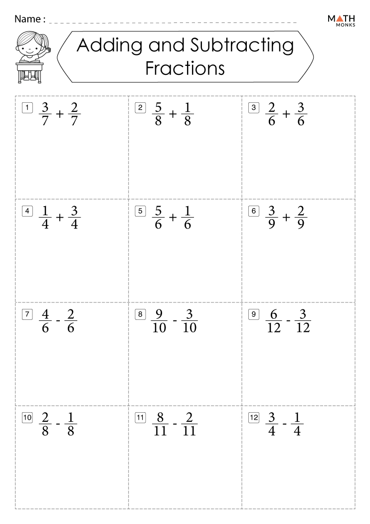 adding and subtracting fractions printable worksheet