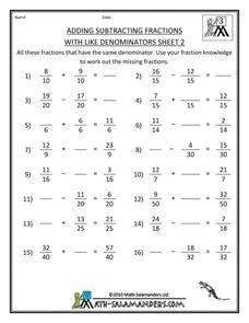 adding and subtracting fractions with like denominators worksheet