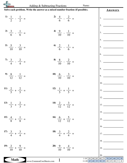 adding and subtracting fractions with like denominators worksheet
