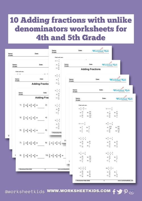 Adding fractions with unlike denominators worksheets - Free PDF