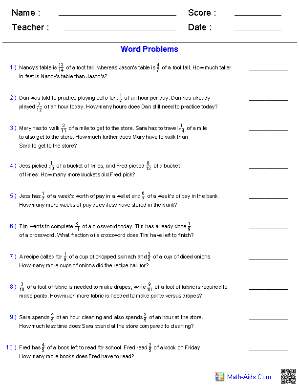 Word Problems Worksheets | Dynamically Created Word Problems