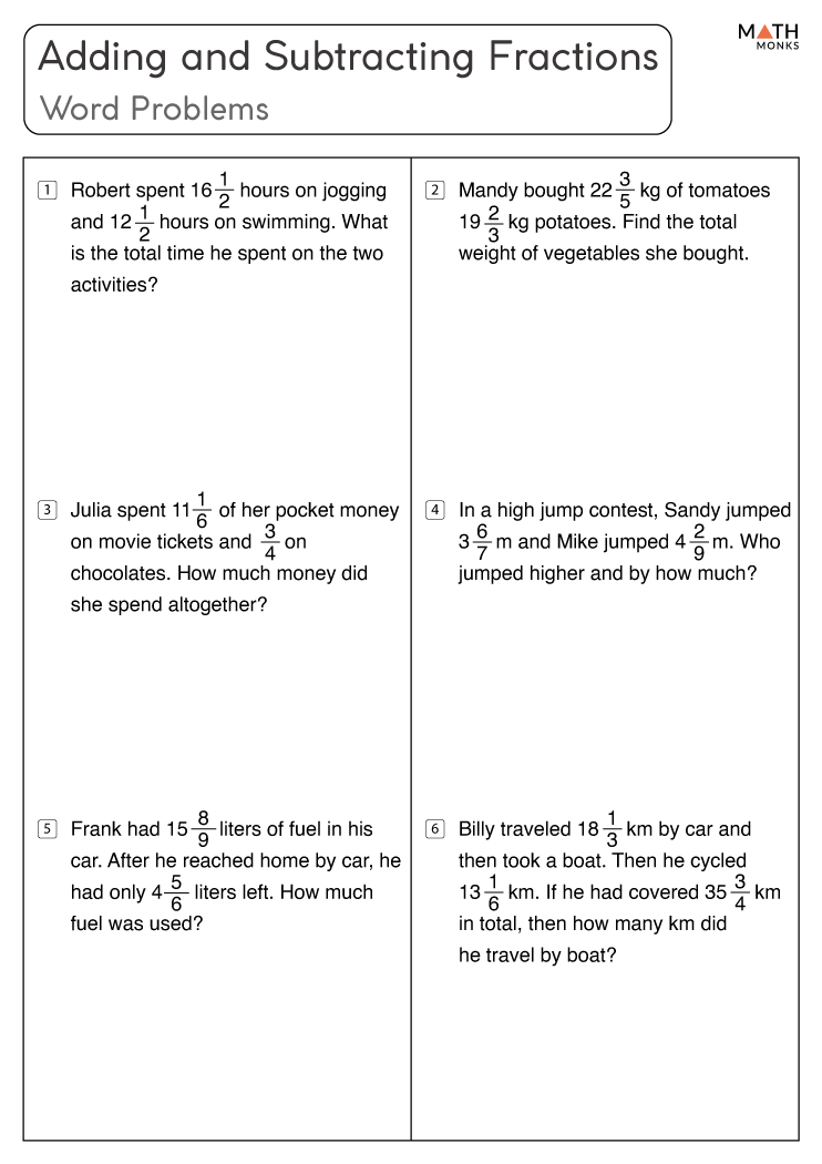 adding and subtracting fractions word problems worksheet