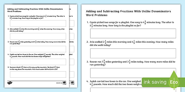 adding and subtracting fractions word problems worksheet