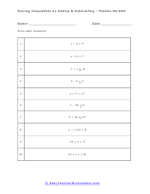 Solving Inequalities by Adding &  Subtracting Worksheets