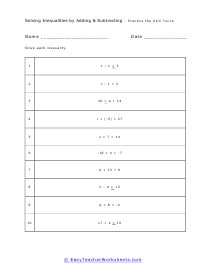 Solving Inequalities by Adding &  Subtracting Worksheets