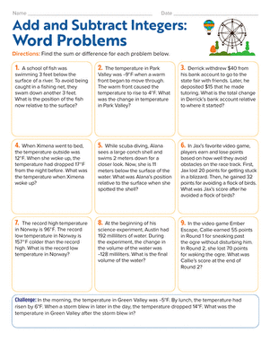 Add and Subtract Integers: Word Problems | Worksheet 