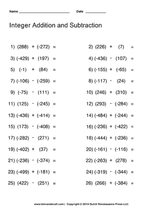 Adding and Subtracting Integers Worksheet | Math Printables ...