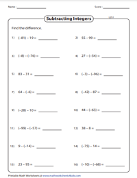 Adding and Subtracting Integers Worksheets