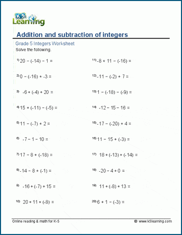 Addition and subtraction of integers worksheets | Worsheets library